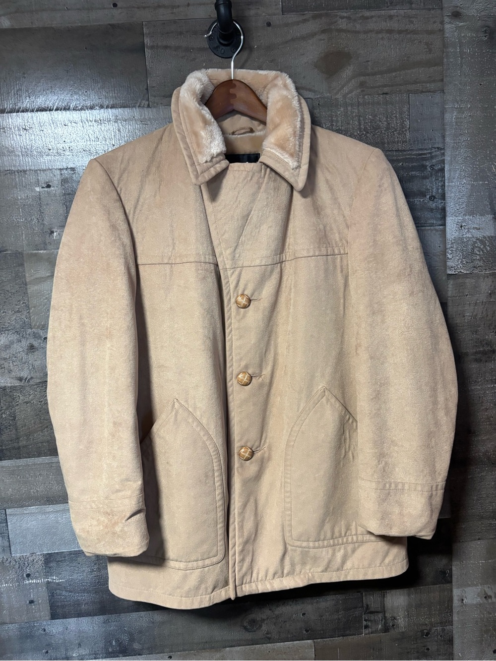 Men's Tan Faux Suede Coat with Plush Lining & Collar 42